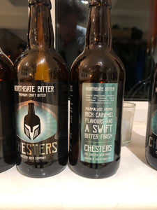 Bottle conditioned unfined Northgate Bitter by Chester Beer. Distinct label designs are by local graphic artist Emma Willcocks